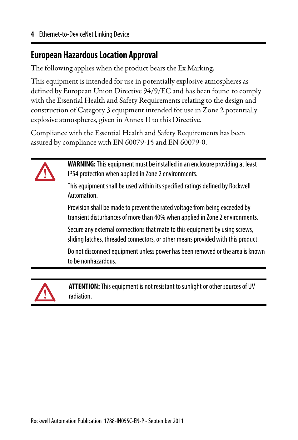 European hazardous location approval | Rockwell Automation 1788-EN2DN Ethernet-to-DeviceNet Linking Device User Manual | Page 4 / 56
