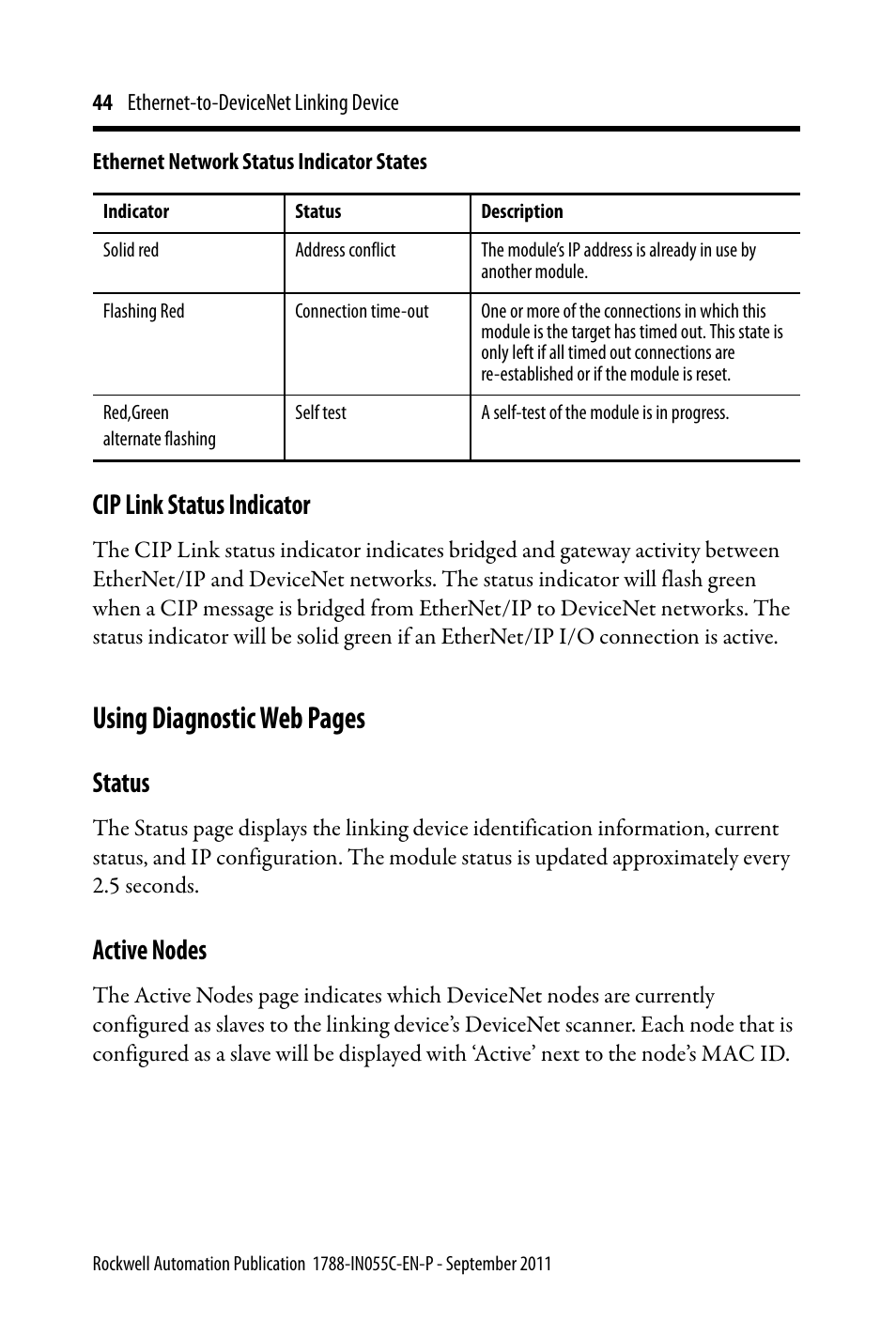 Cip link status indicator, Status, Active nodes | Using diagnostic web pages | Rockwell Automation 1788-EN2DN Ethernet-to-DeviceNet Linking Device User Manual | Page 44 / 56