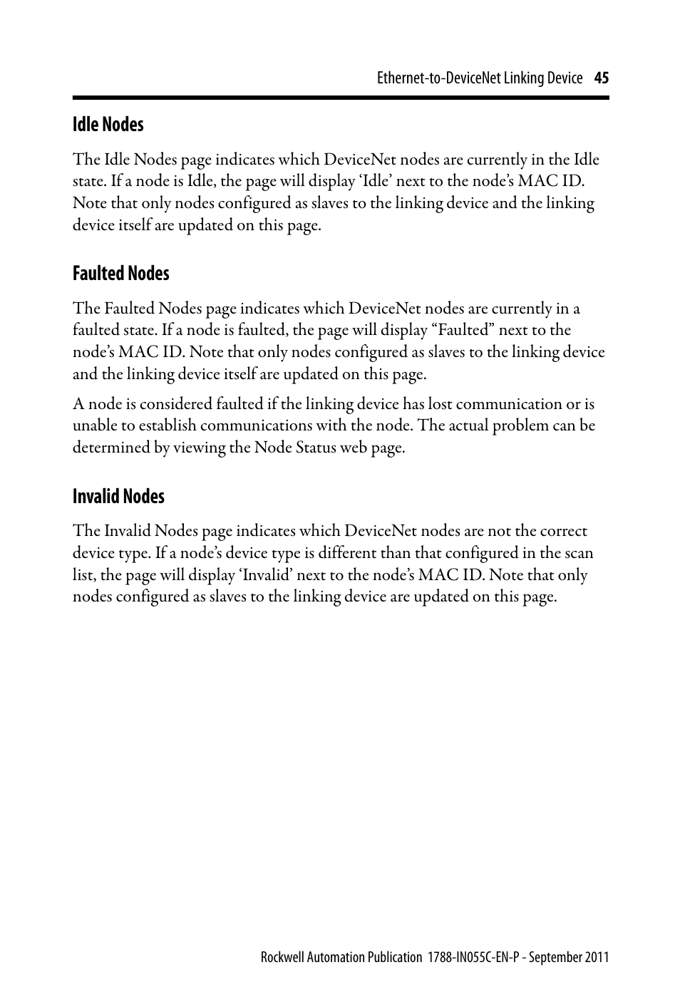 Idle nodes, Faulted nodes, Invalid nodes | Rockwell Automation 1788-EN2DN Ethernet-to-DeviceNet Linking Device User Manual | Page 45 / 56