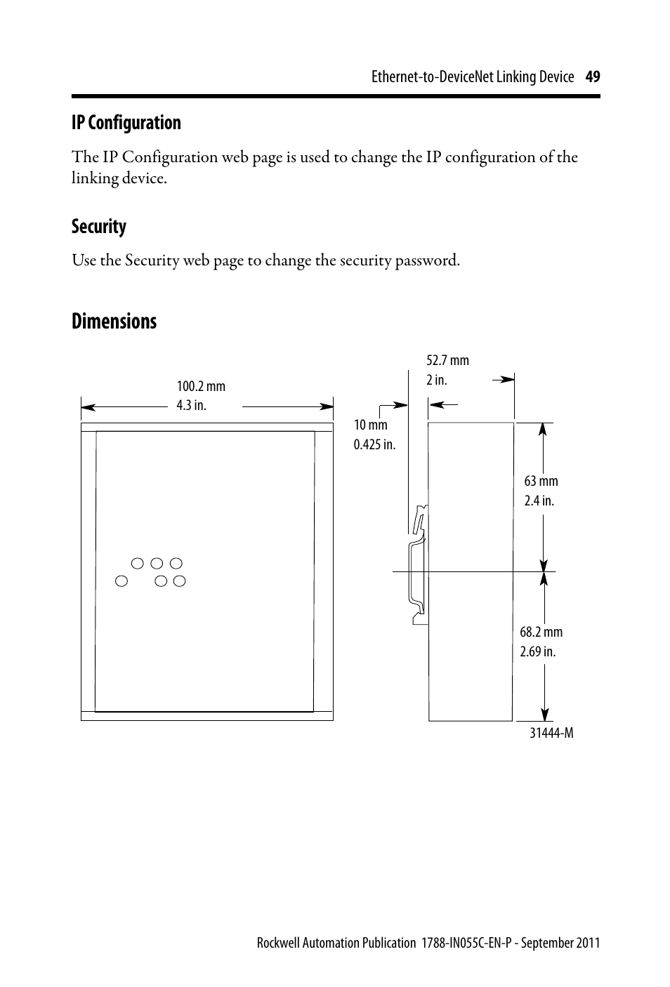 Ip configuration, Security, Dimensions | Rockwell Automation 1788-EN2DN Ethernet-to-DeviceNet Linking Device User Manual | Page 49 / 56