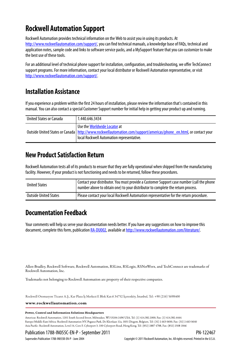 Back cover, Rockwell automation support, Installation assistance | New product satisfaction return, Documentation feedback | Rockwell Automation 1788-EN2DN Ethernet-to-DeviceNet Linking Device User Manual | Page 56 / 56