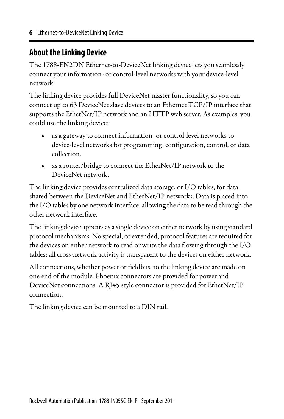 About the linking device | Rockwell Automation 1788-EN2DN Ethernet-to-DeviceNet Linking Device User Manual | Page 6 / 56