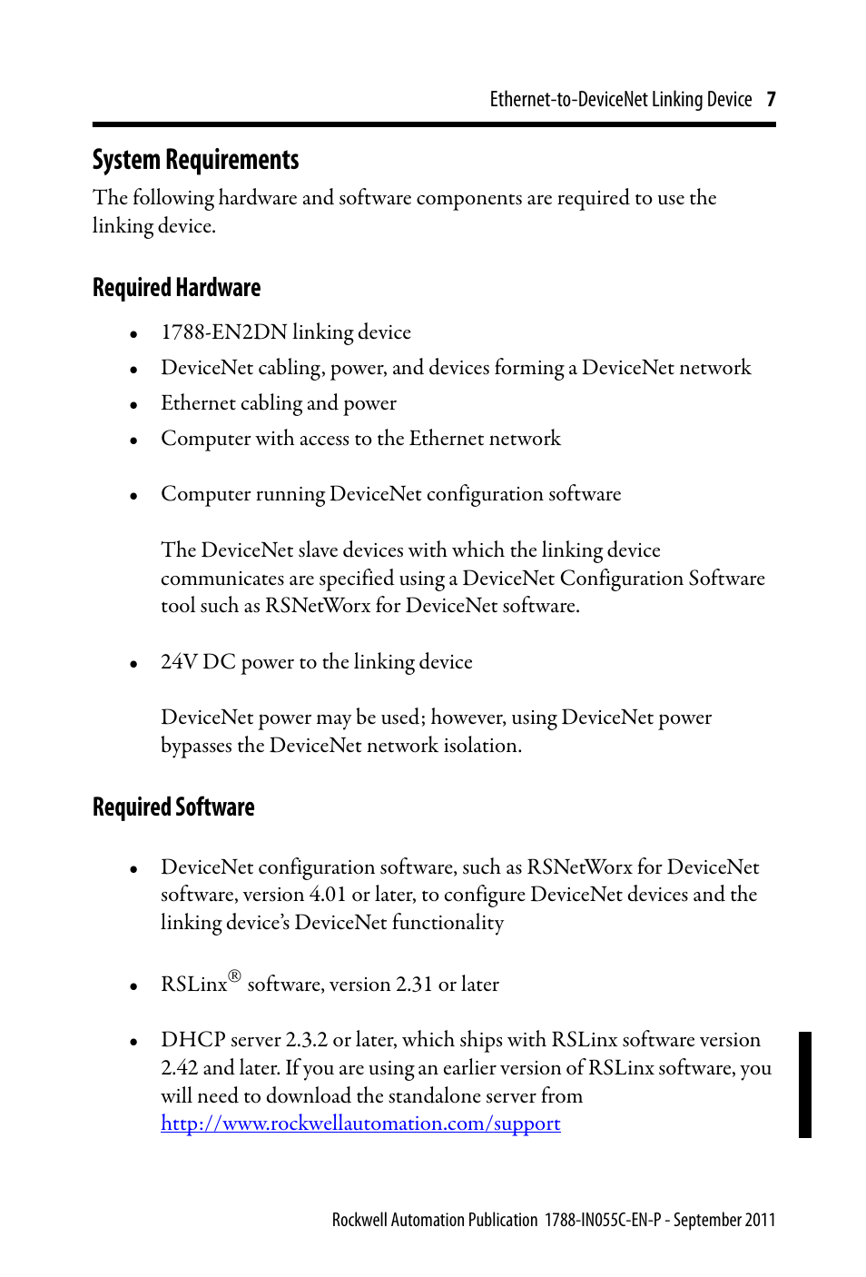 System requirements, Required hardware, Required software | Rockwell Automation 1788-EN2DN Ethernet-to-DeviceNet Linking Device User Manual | Page 7 / 56