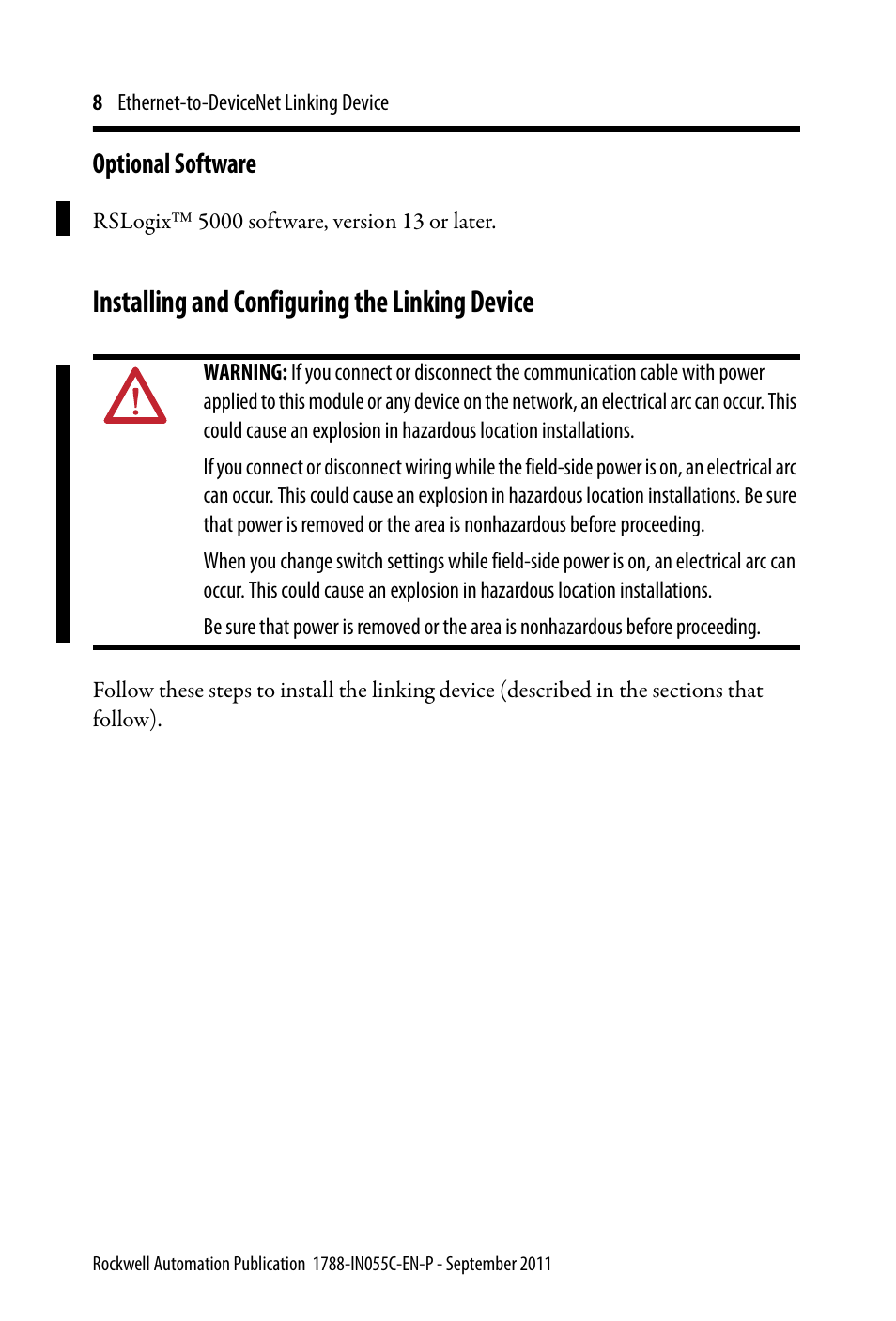 Optional software, Installing and configuring the linking device | Rockwell Automation 1788-EN2DN Ethernet-to-DeviceNet Linking Device User Manual | Page 8 / 56