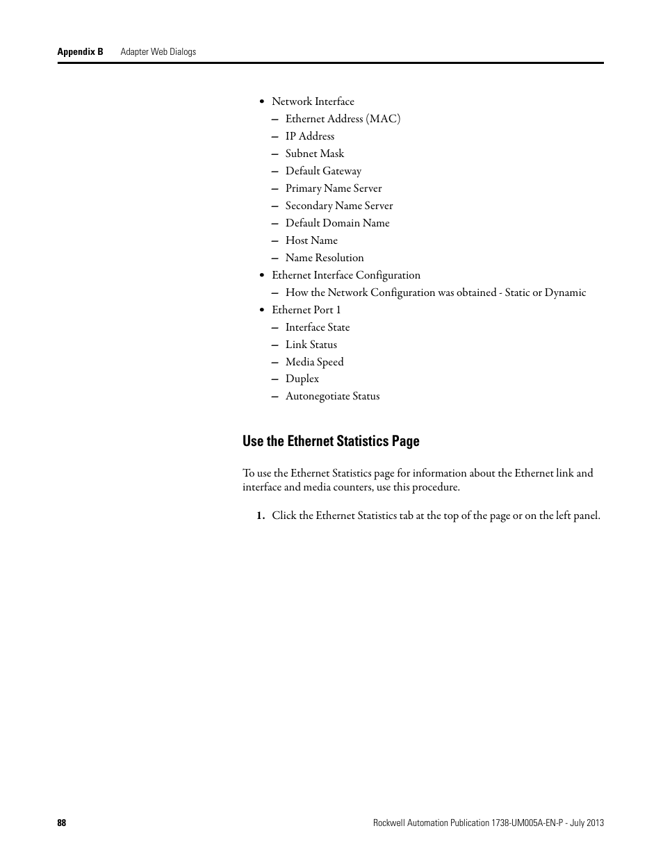 Use the ethernet statistics page | Rockwell Automation 1738-AENT, Series B ArmorPOINT I/O Dual Port EtherNet/IP Adapters User Manual User Manual | Page 100 / 122