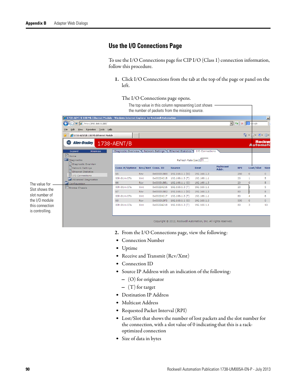 Use the i/o connections page | Rockwell Automation 1738-AENT, Series B ArmorPOINT I/O Dual Port EtherNet/IP Adapters User Manual User Manual | Page 102 / 122
