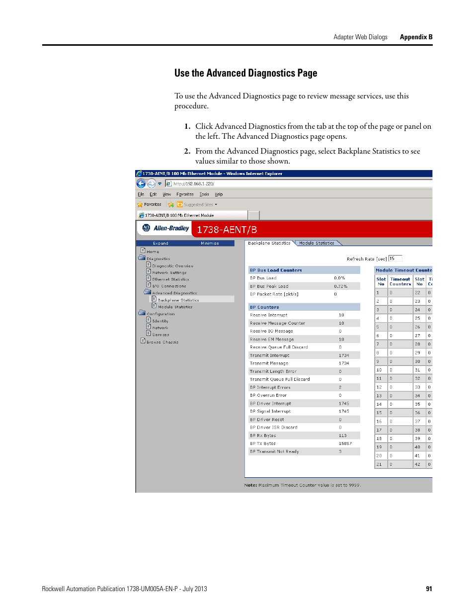 Use the advanced diagnostics page | Rockwell Automation 1738-AENT, Series B ArmorPOINT I/O Dual Port EtherNet/IP Adapters User Manual User Manual | Page 103 / 122