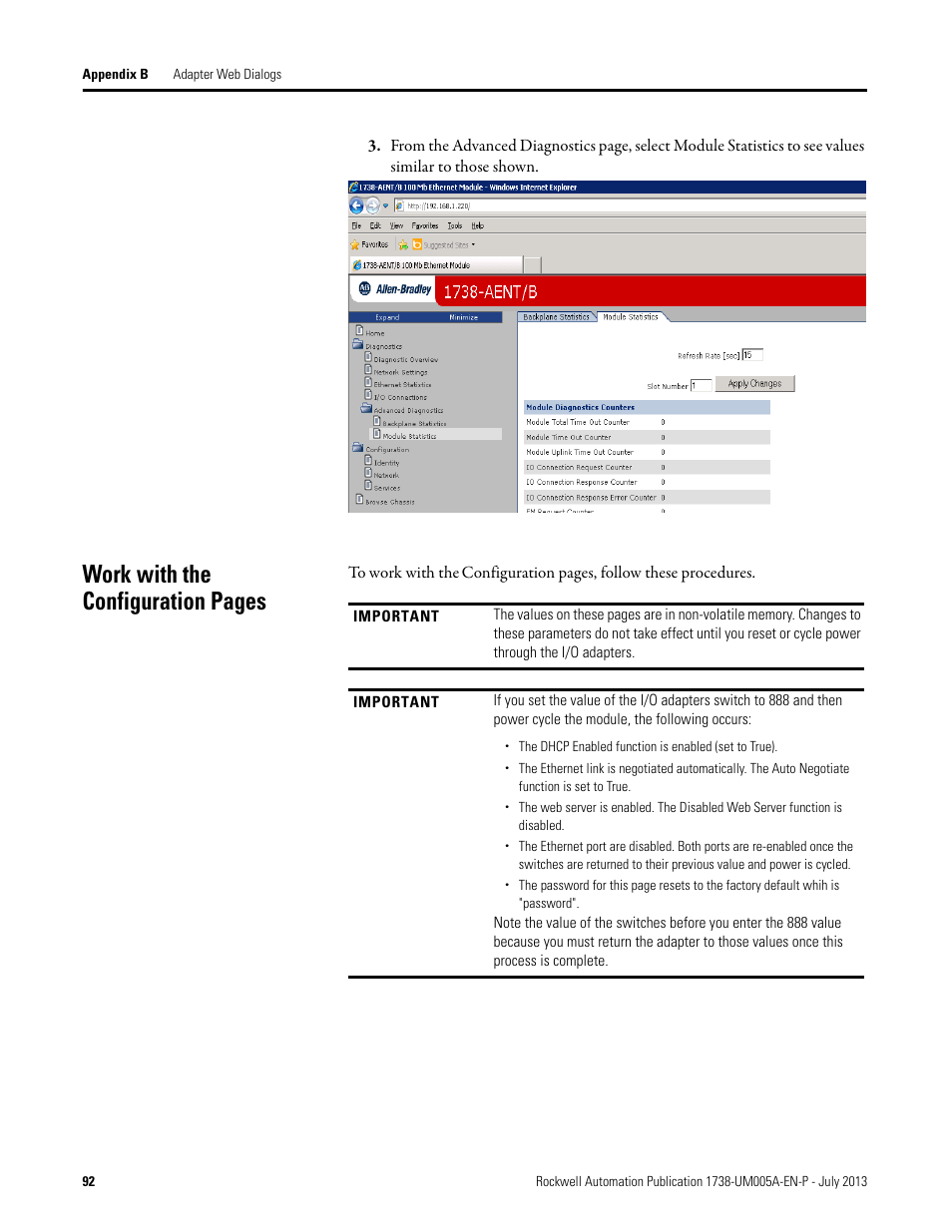 Work with the, Work with the configuration pages | Rockwell Automation 1738-AENT, Series B ArmorPOINT I/O Dual Port EtherNet/IP Adapters User Manual User Manual | Page 104 / 122
