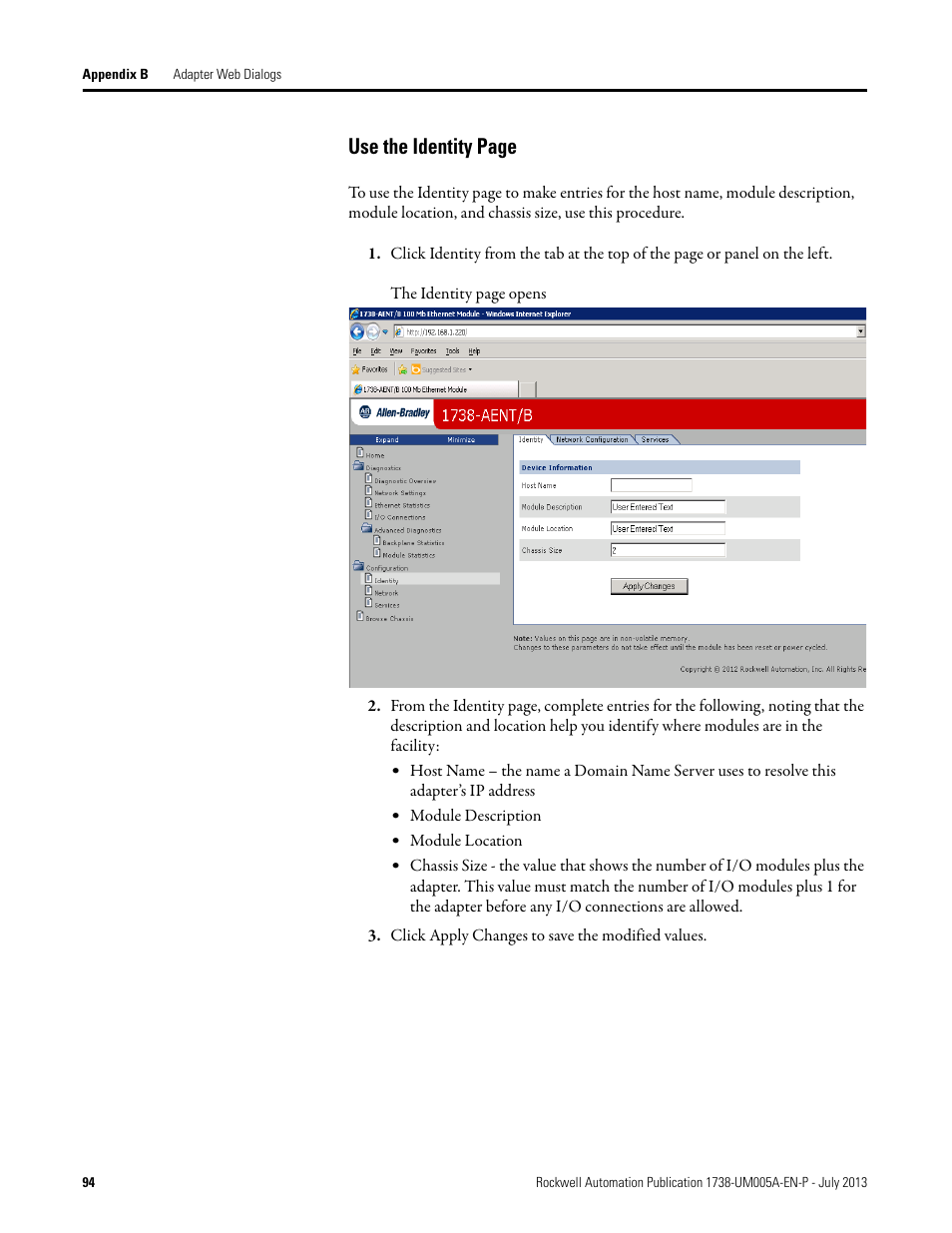 Use the identity page | Rockwell Automation 1738-AENT, Series B ArmorPOINT I/O Dual Port EtherNet/IP Adapters User Manual User Manual | Page 106 / 122