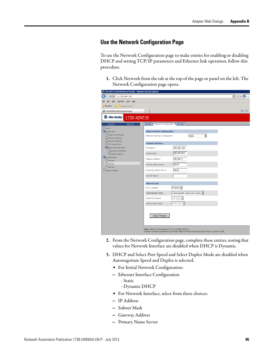 Use the network configuration page | Rockwell Automation 1738-AENT, Series B ArmorPOINT I/O Dual Port EtherNet/IP Adapters User Manual User Manual | Page 107 / 122