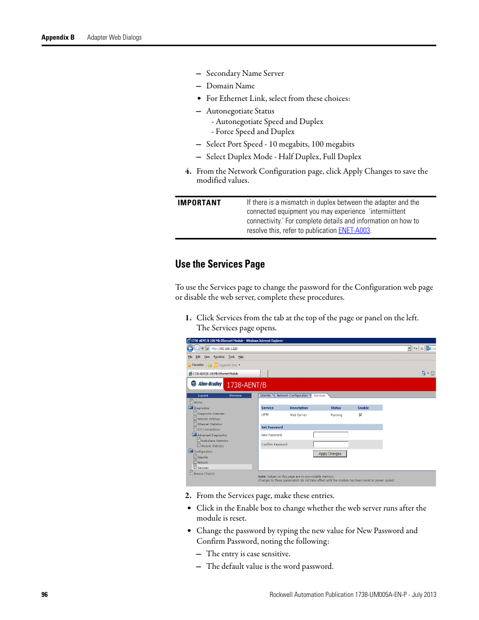 Use the services page | Rockwell Automation 1738-AENT, Series B ArmorPOINT I/O Dual Port EtherNet/IP Adapters User Manual User Manual | Page 108 / 122