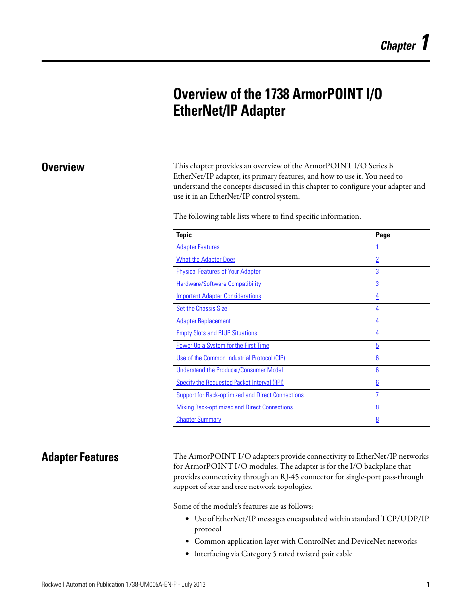 Overview adapter features, Chapter, Overview | Adapter features | Rockwell Automation 1738-AENT, Series B ArmorPOINT I/O Dual Port EtherNet/IP Adapters User Manual User Manual | Page 11 / 122