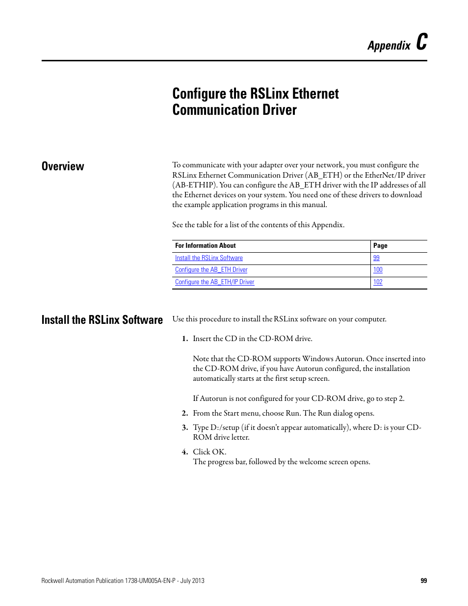 Back cover, Configure the rslinx ethernet communication driver, Overview install the rslinx software | Appendix, Overview, Install the rslinx software | Rockwell Automation 1738-AENT, Series B ArmorPOINT I/O Dual Port EtherNet/IP Adapters User Manual User Manual | Page 111 / 122