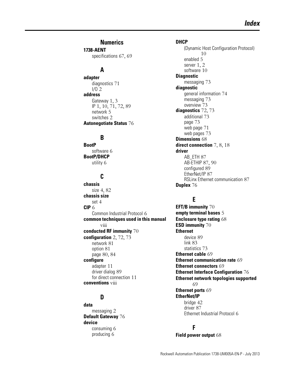 Index | Rockwell Automation 1738-AENT, Series B ArmorPOINT I/O Dual Port EtherNet/IP Adapters User Manual User Manual | Page 117 / 122