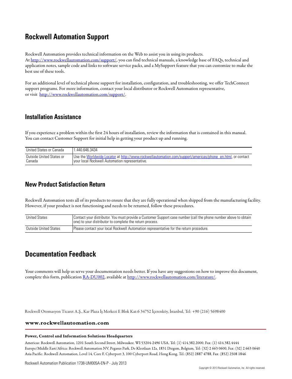 Rockwell automation support, Documentation feedback, Installation assistance | New product satisfaction return | Rockwell Automation 1738-AENT, Series B ArmorPOINT I/O Dual Port EtherNet/IP Adapters User Manual User Manual | Page 122 / 122