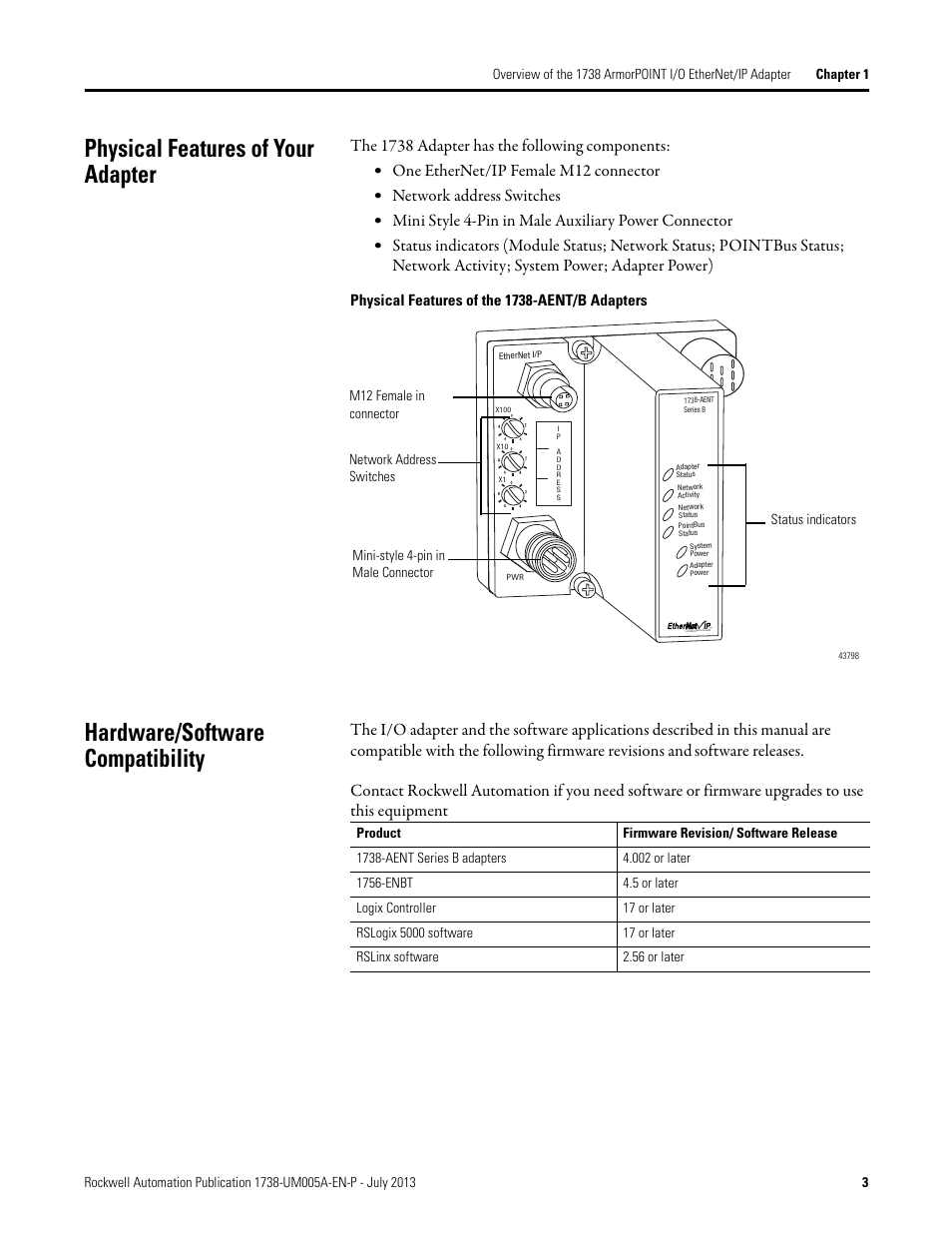 Physical features of your adapter, Hardware/software compatibility | Rockwell Automation 1738-AENT, Series B ArmorPOINT I/O Dual Port EtherNet/IP Adapters User Manual User Manual | Page 13 / 122