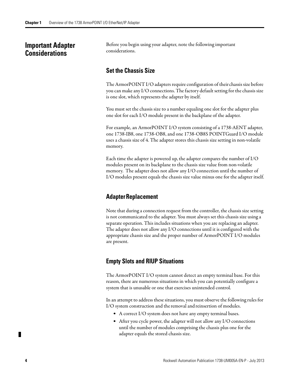 Set the chassis size, Adapter replacement, Empty slots and riup situations | Important adapter considerations, Adapter, Replacement | Rockwell Automation 1738-AENT, Series B ArmorPOINT I/O Dual Port EtherNet/IP Adapters User Manual User Manual | Page 14 / 122