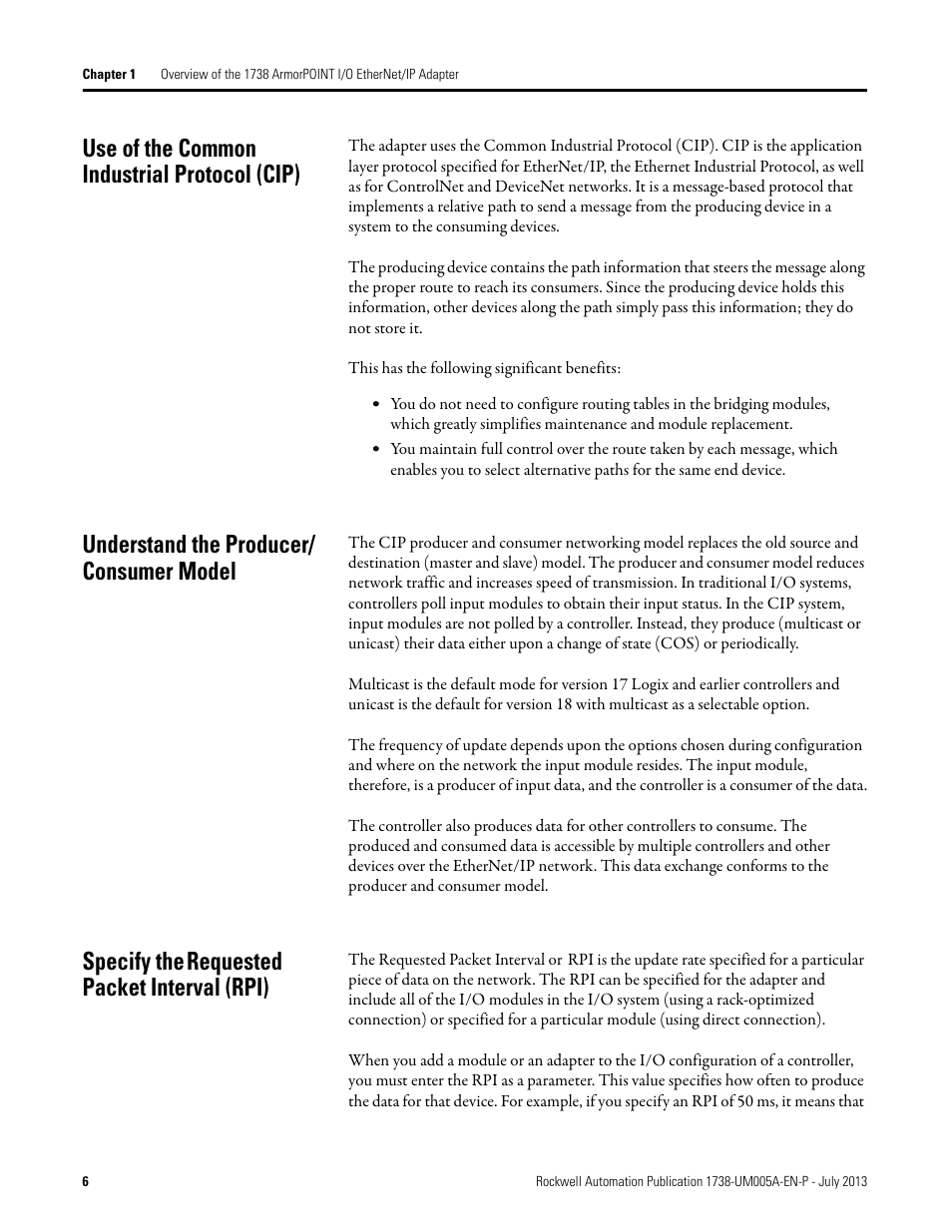 Use of the common industrial protocol (cip), Understand the producer/consumer model, Specify the requested packet interval (rpi) | Understand the producer/ consumer model, Specify the, Requested packet interval (rpi) | Rockwell Automation 1738-AENT, Series B ArmorPOINT I/O Dual Port EtherNet/IP Adapters User Manual User Manual | Page 16 / 122