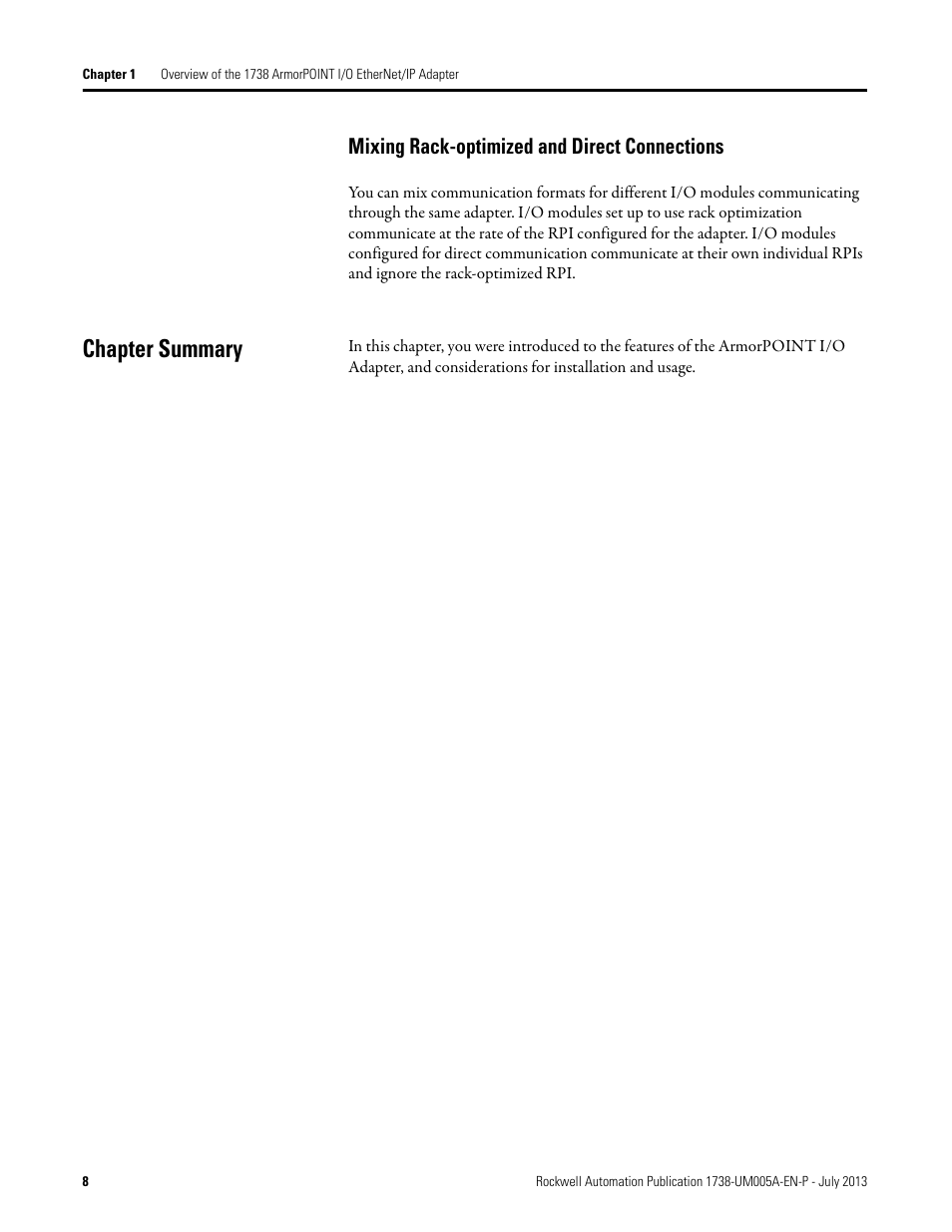 Mixing rack-optimized and direct connections, Chapter summary | Rockwell Automation 1738-AENT, Series B ArmorPOINT I/O Dual Port EtherNet/IP Adapters User Manual User Manual | Page 18 / 122