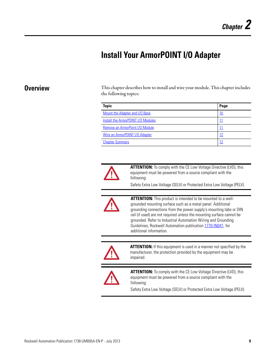 2 – install your armorpoint i/o adapter, Install your armorpoint i/o adapter, Overview | Chapter | Rockwell Automation 1738-AENT, Series B ArmorPOINT I/O Dual Port EtherNet/IP Adapters User Manual User Manual | Page 19 / 122