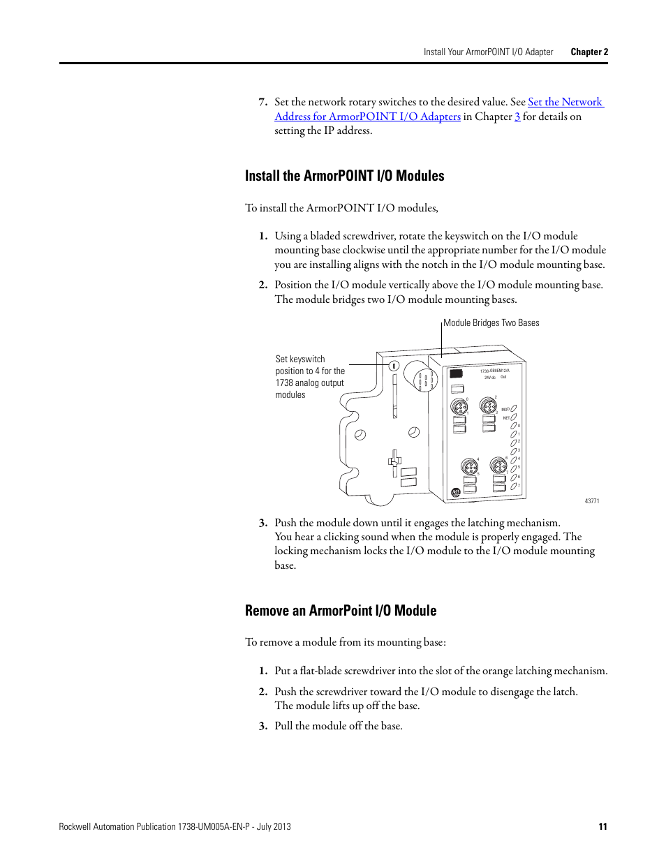 Install the armorpoint i/o modules, Remove an armorpoint i/o module, Install the | Armorpoint i/o modules | Rockwell Automation 1738-AENT, Series B ArmorPOINT I/O Dual Port EtherNet/IP Adapters User Manual User Manual | Page 21 / 122