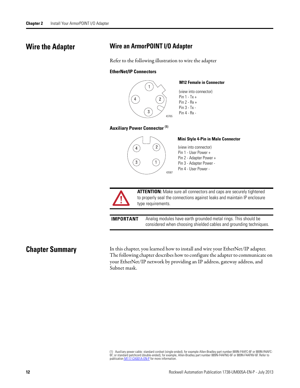 Wire an armorpoint i/o adapter, Wire the adapter, Chapter summary | Rockwell Automation 1738-AENT, Series B ArmorPOINT I/O Dual Port EtherNet/IP Adapters User Manual User Manual | Page 22 / 122