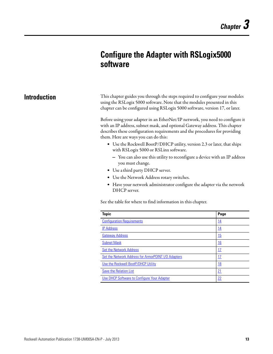 Configure the adapter with rslogix5000 software, Introduction, Chapter | Rockwell Automation 1738-AENT, Series B ArmorPOINT I/O Dual Port EtherNet/IP Adapters User Manual User Manual | Page 23 / 122