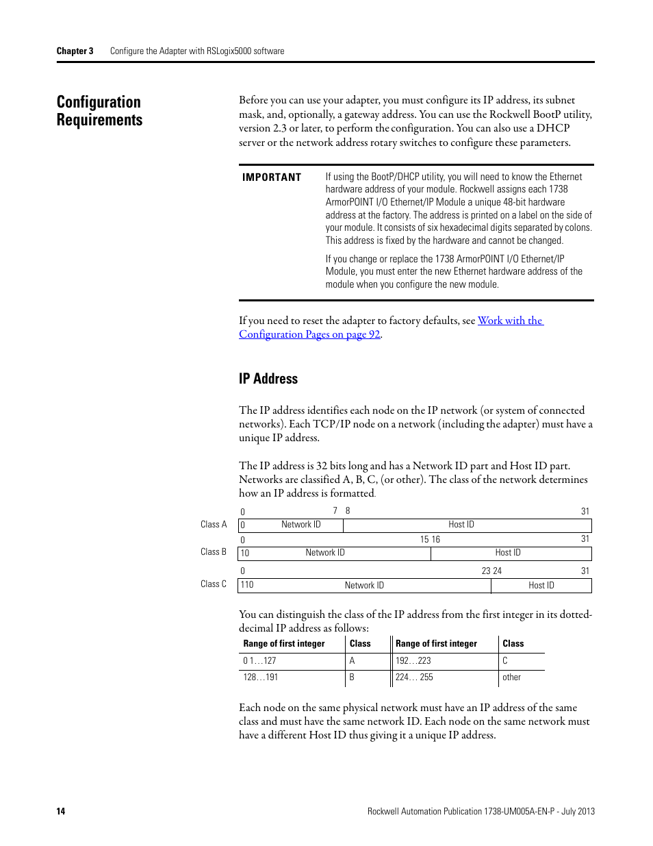 Ip address, Configuration requirements, Chapter 3 | Rockwell Automation 1738-AENT, Series B ArmorPOINT I/O Dual Port EtherNet/IP Adapters User Manual User Manual | Page 24 / 122