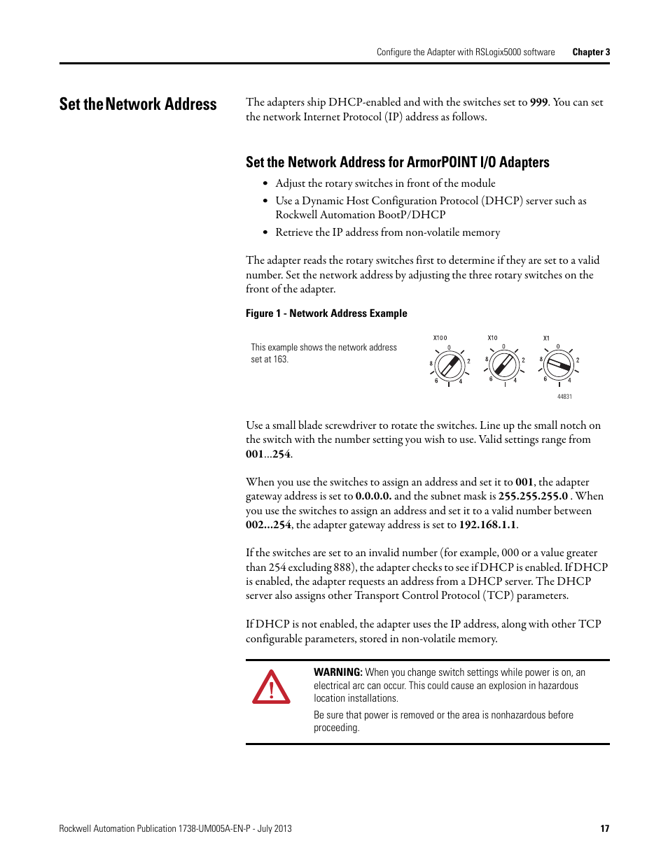 Set the network address, Set the network, Address for armorpoint i/o adapters | Set the, Network address | Rockwell Automation 1738-AENT, Series B ArmorPOINT I/O Dual Port EtherNet/IP Adapters User Manual User Manual | Page 27 / 122