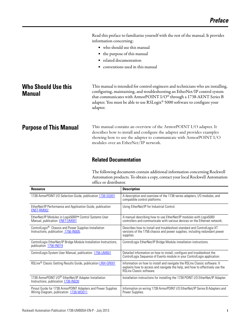 Preface, Who should use this manual, Purpose of this manual | Related documentation | Rockwell Automation 1738-AENT, Series B ArmorPOINT I/O Dual Port EtherNet/IP Adapters User Manual User Manual | Page 3 / 122
