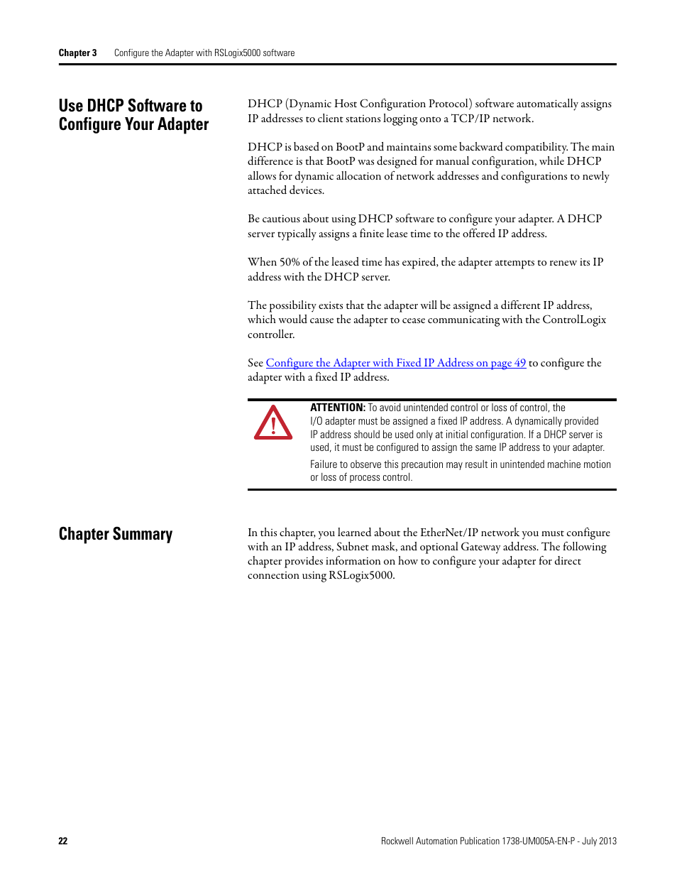 Use dhcp software to configure your adapter, Chapter summary | Rockwell Automation 1738-AENT, Series B ArmorPOINT I/O Dual Port EtherNet/IP Adapters User Manual User Manual | Page 32 / 122