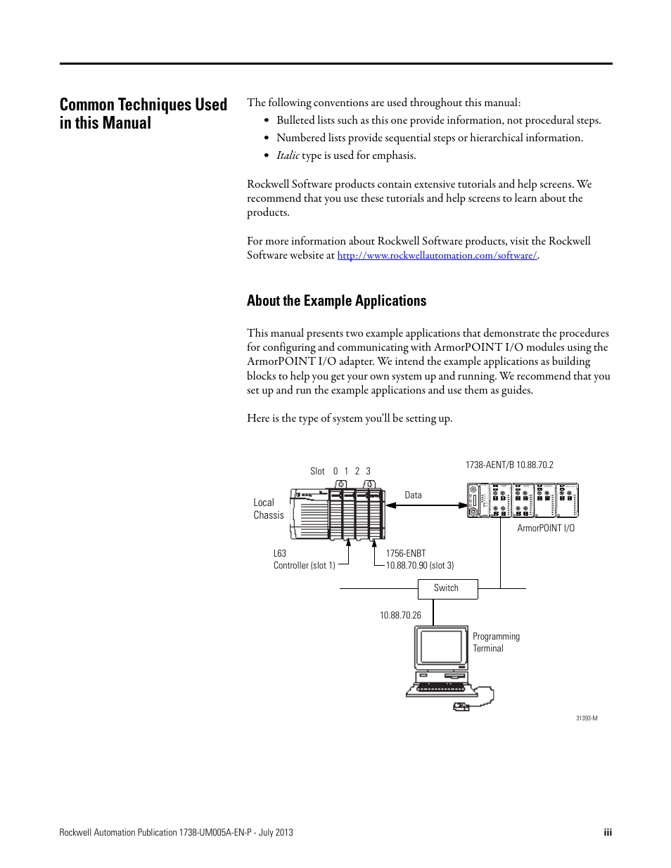 Common techniques used in this manual, About the example applications | Rockwell Automation 1738-AENT, Series B ArmorPOINT I/O Dual Port EtherNet/IP Adapters User Manual User Manual | Page 5 / 122