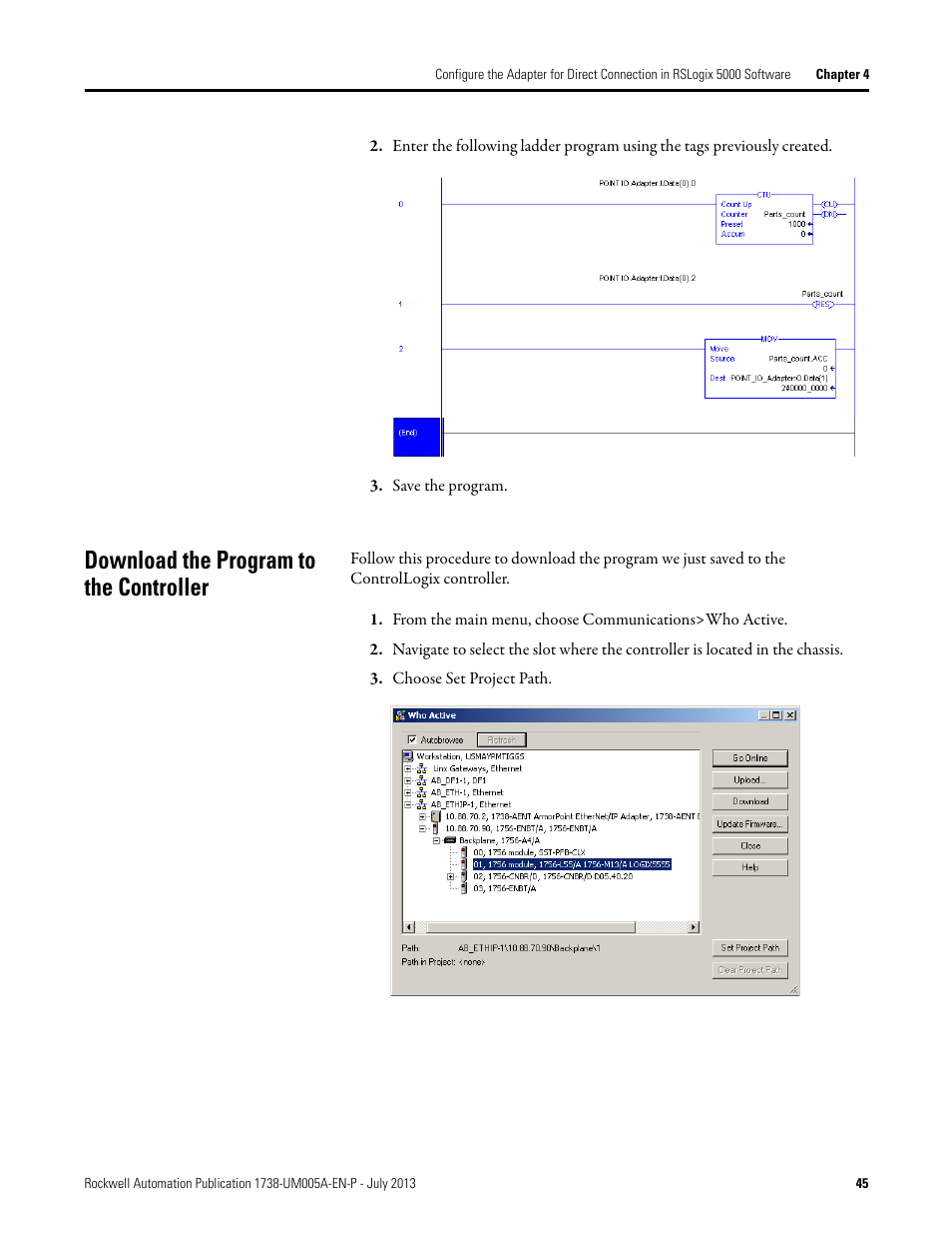 Download the program to the controller | Rockwell Automation 1738-AENT, Series B ArmorPOINT I/O Dual Port EtherNet/IP Adapters User Manual User Manual | Page 55 / 122
