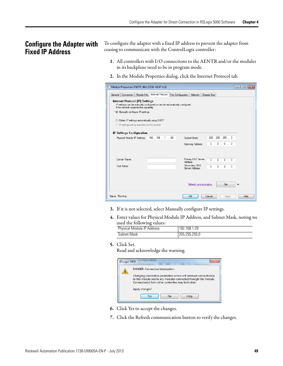 Configure the adapter with fixed ip address | Rockwell Automation 1738-AENT, Series B ArmorPOINT I/O Dual Port EtherNet/IP Adapters User Manual User Manual | Page 59 / 122