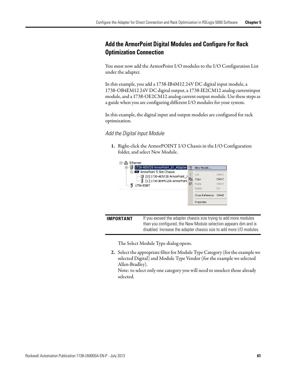 Add the digital input module | Rockwell Automation 1738-AENT, Series B ArmorPOINT I/O Dual Port EtherNet/IP Adapters User Manual User Manual | Page 71 / 122
