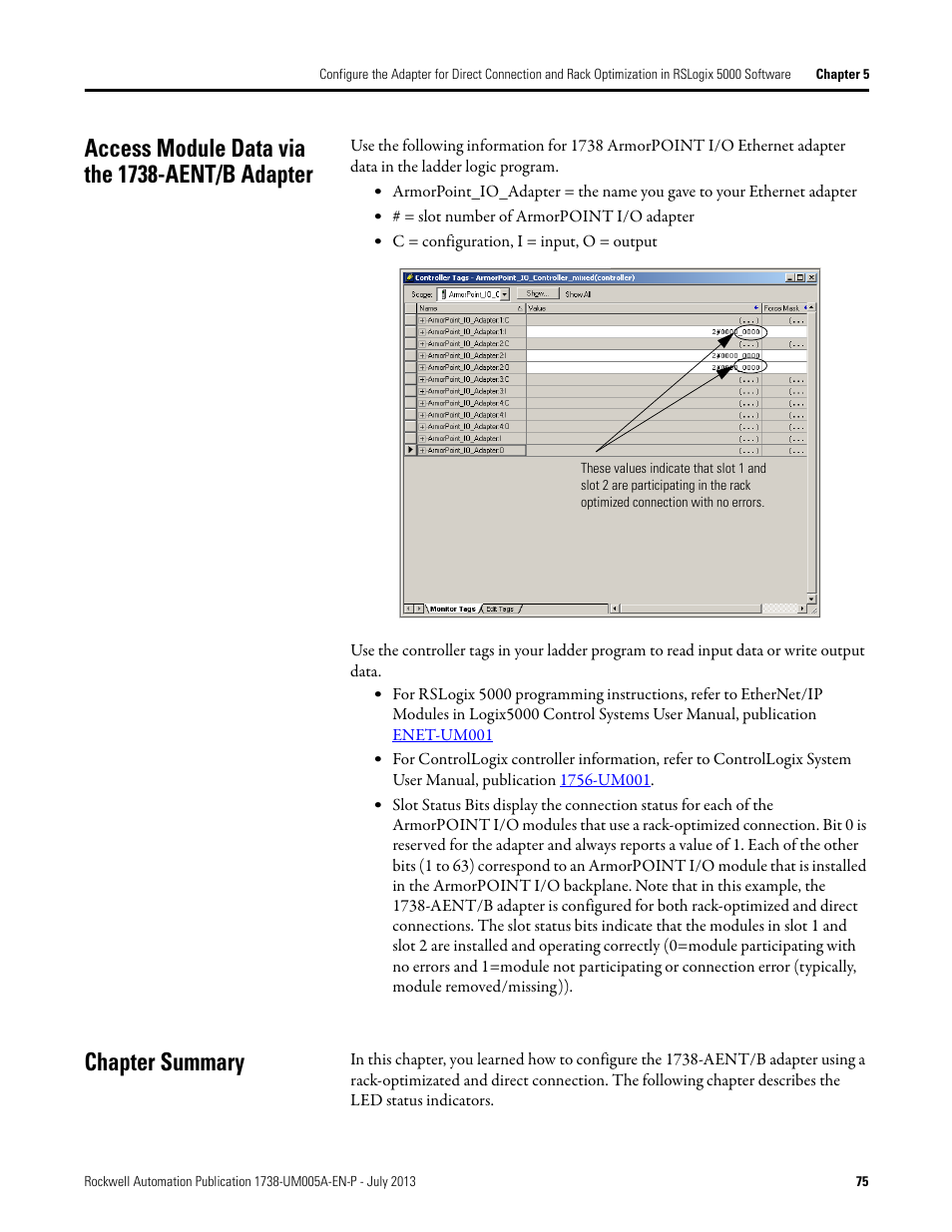 Access module data via the 1738-aent/b adapter, Chapter summary | Rockwell Automation 1738-AENT, Series B ArmorPOINT I/O Dual Port EtherNet/IP Adapters User Manual User Manual | Page 85 / 122