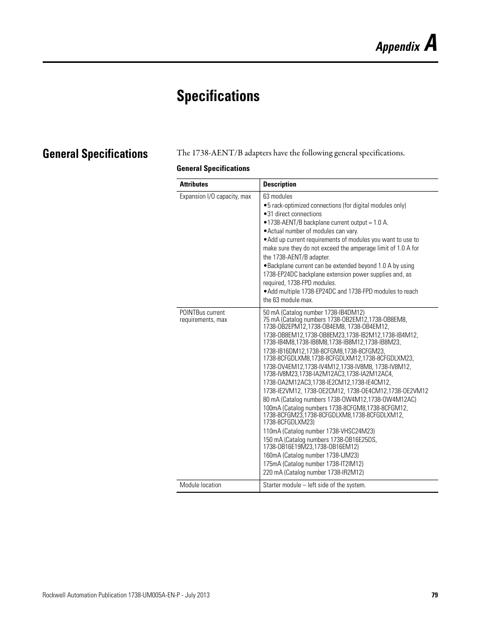 A – specifications, General specifications, Specifications | Appendix | Rockwell Automation 1738-AENT, Series B ArmorPOINT I/O Dual Port EtherNet/IP Adapters User Manual User Manual | Page 91 / 122