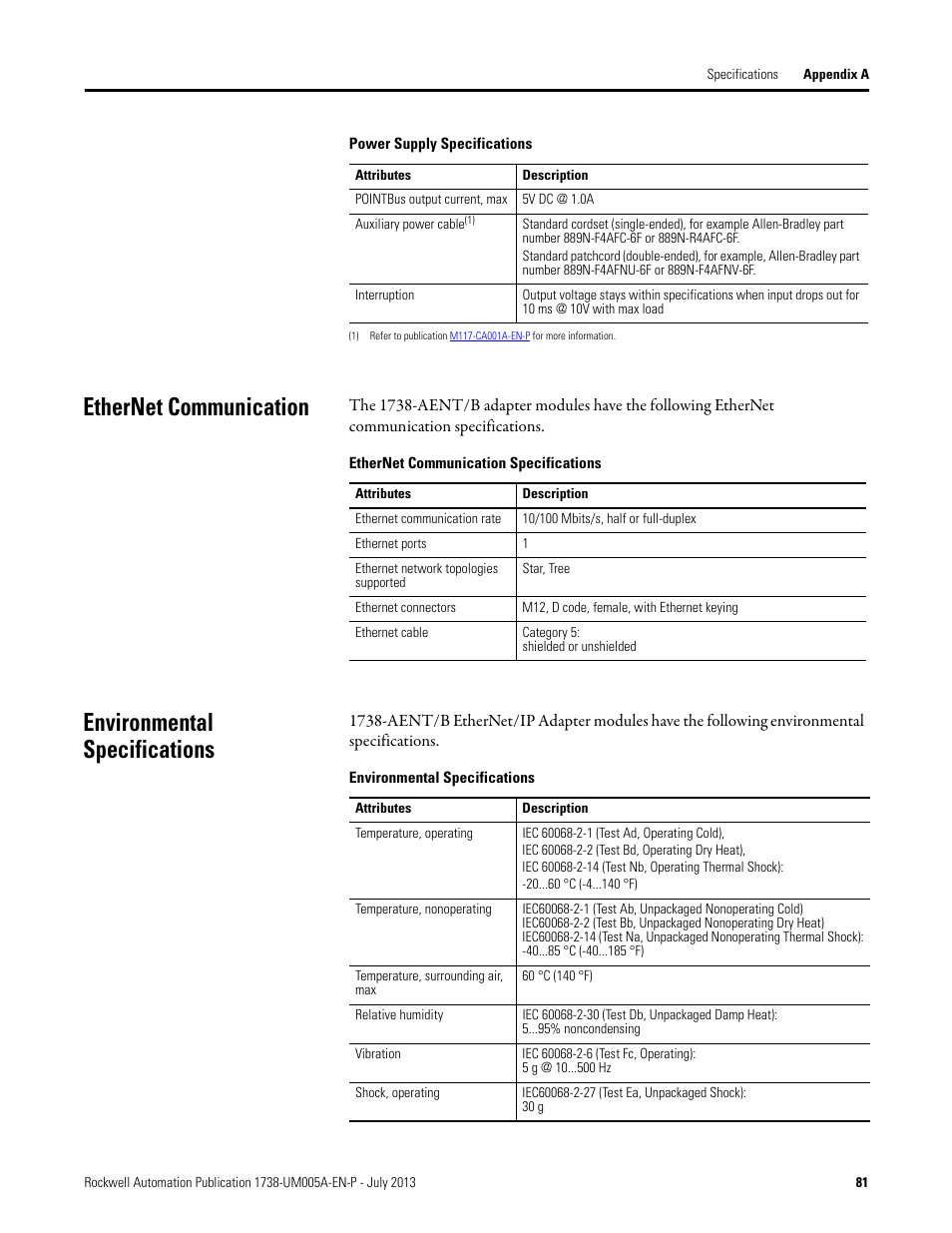 Ethernet communication, Environmental specifications | Rockwell Automation 1738-AENT, Series B ArmorPOINT I/O Dual Port EtherNet/IP Adapters User Manual User Manual | Page 93 / 122