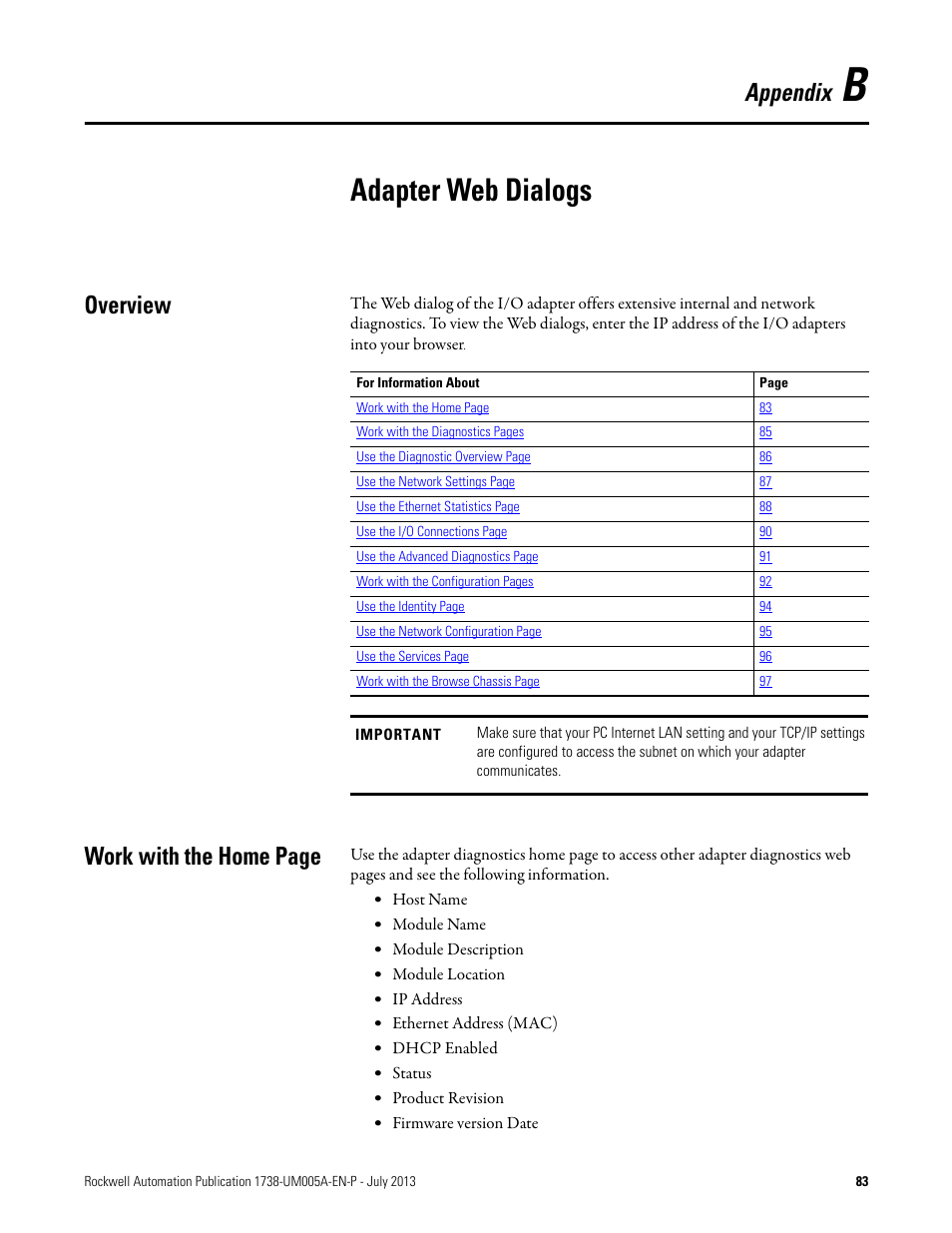 B – adapter web dialogs, Overview, Adapter web dialogs | Appendix, Work with the home page | Rockwell Automation 1738-AENT, Series B ArmorPOINT I/O Dual Port EtherNet/IP Adapters User Manual User Manual | Page 95 / 122