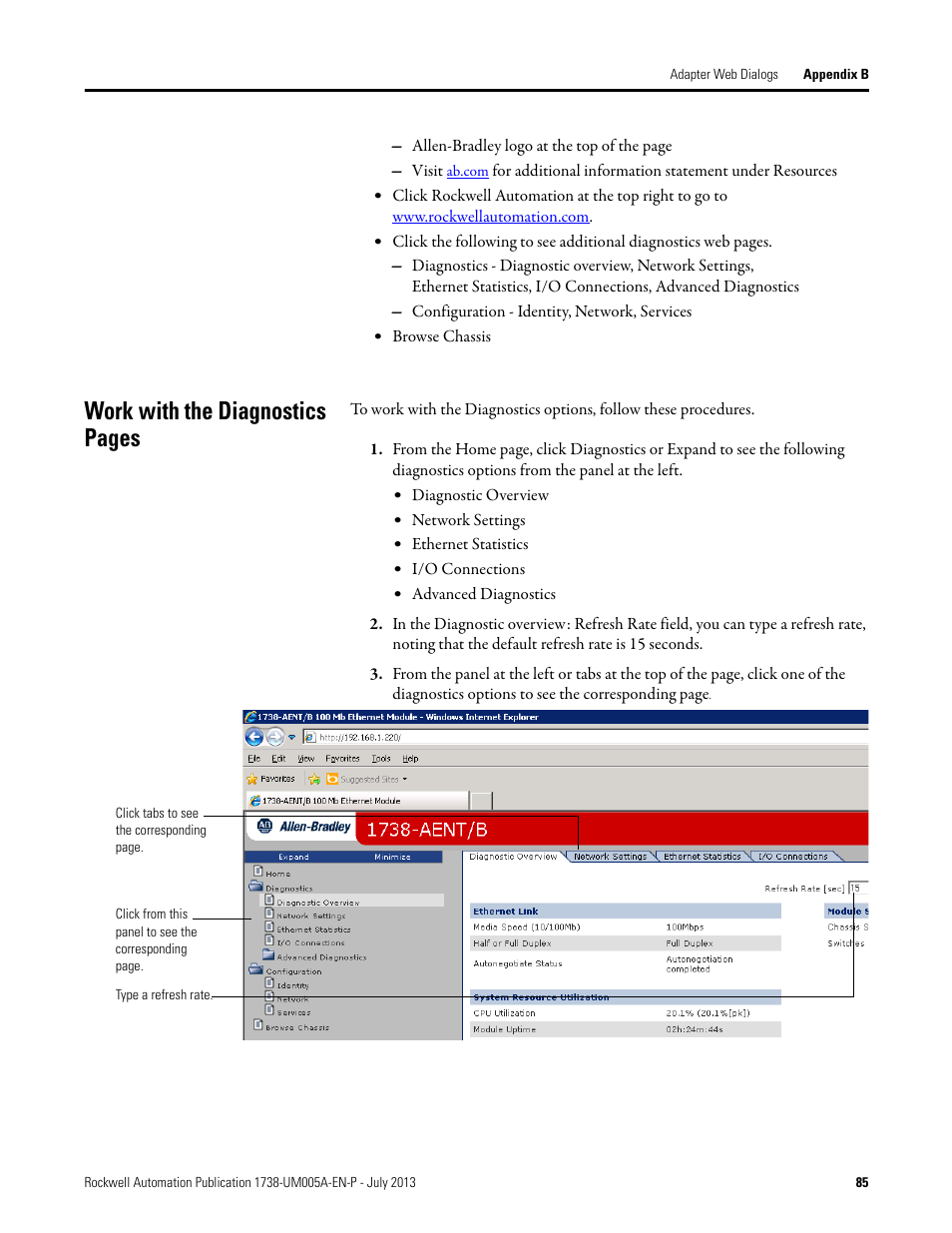 Work with the diagnostics pages | Rockwell Automation 1738-AENT, Series B ArmorPOINT I/O Dual Port EtherNet/IP Adapters User Manual User Manual | Page 97 / 122