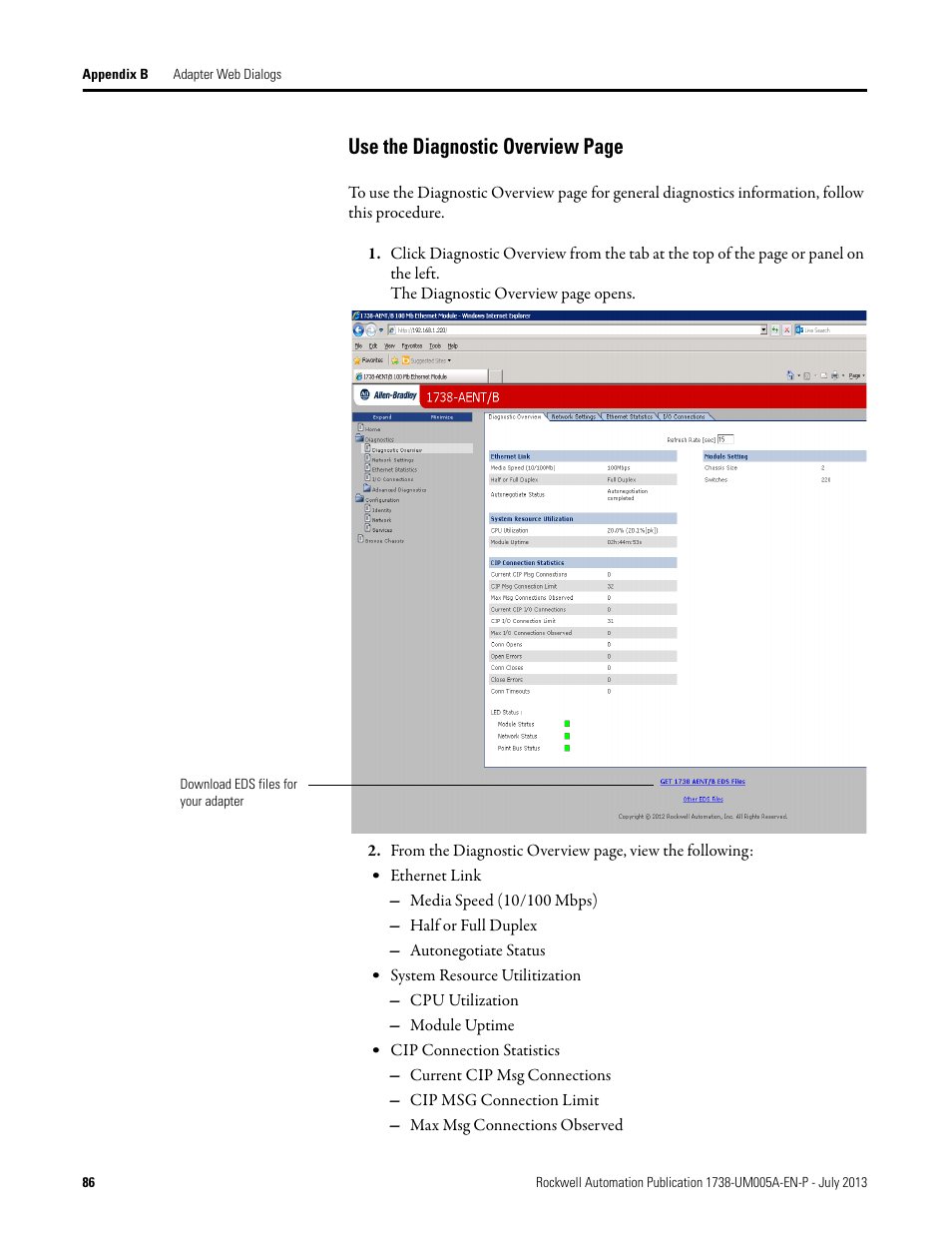 Use the diagnostic overview page | Rockwell Automation 1738-AENT, Series B ArmorPOINT I/O Dual Port EtherNet/IP Adapters User Manual User Manual | Page 98 / 122