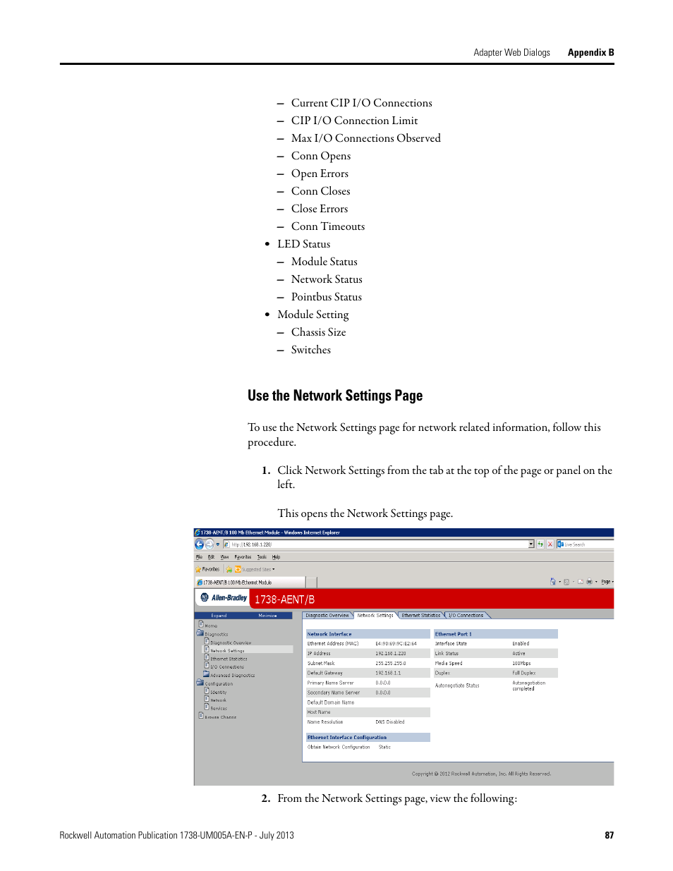 Use the network settings page | Rockwell Automation 1738-AENT, Series B ArmorPOINT I/O Dual Port EtherNet/IP Adapters User Manual User Manual | Page 99 / 122