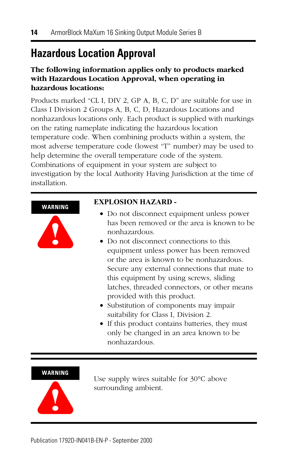 Hazardous location approval | Rockwell Automation 1792D-OVT16E ArmorBlock MaXum 16 Sinking Output Module, Series B User Manual | Page 14 / 16