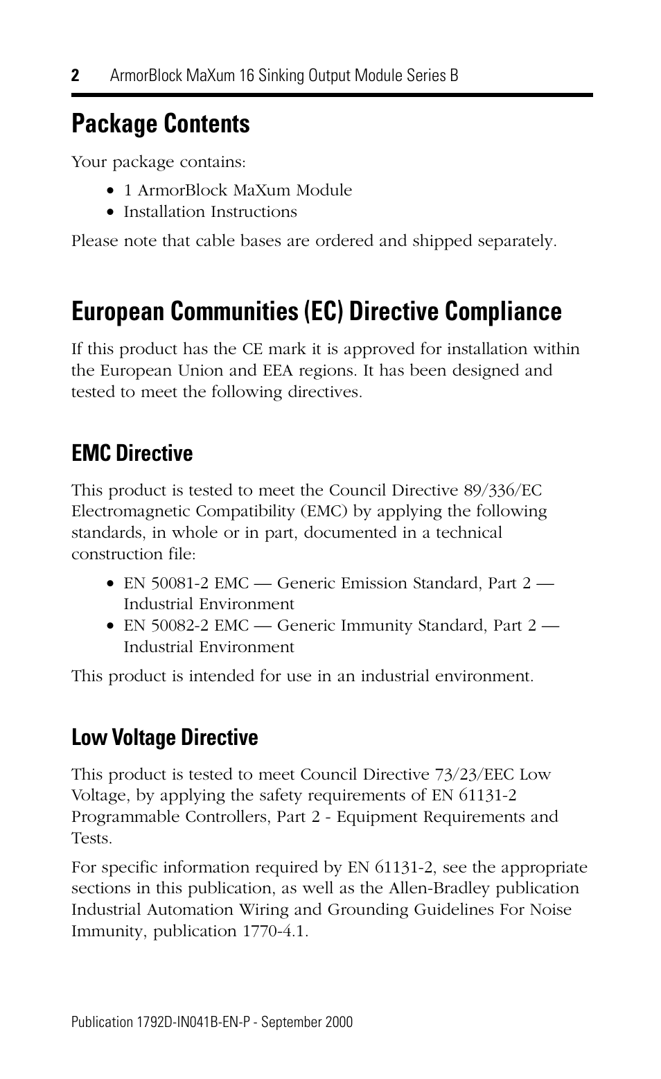 Package contents, European communities (ec) directive compliance, Emc directive | Low voltage directive | Rockwell Automation 1792D-OVT16E ArmorBlock MaXum 16 Sinking Output Module, Series B User Manual | Page 2 / 16