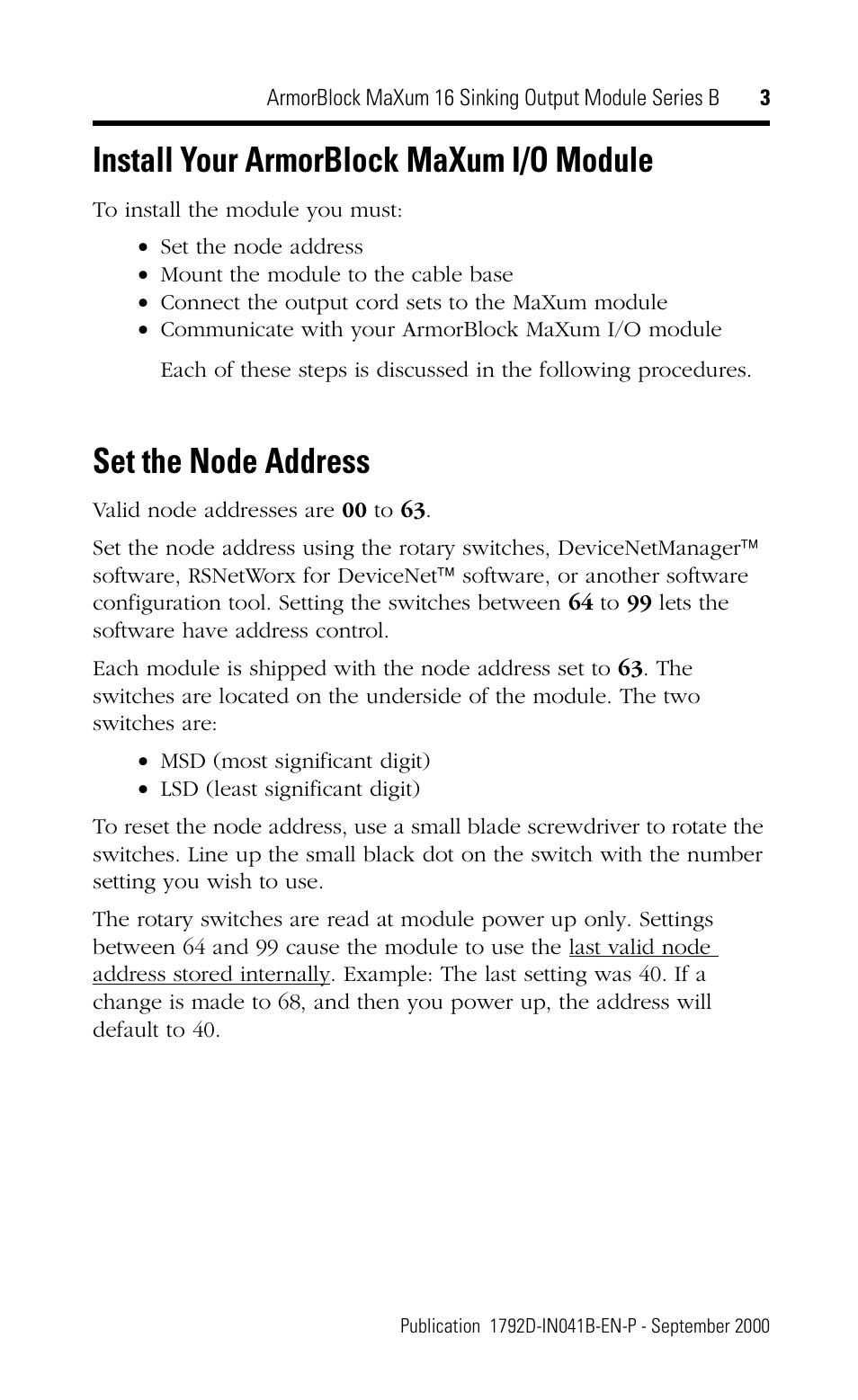 Install your armorblock maxum i/o module, Set the node address | Rockwell Automation 1792D-OVT16E ArmorBlock MaXum 16 Sinking Output Module, Series B User Manual | Page 3 / 16