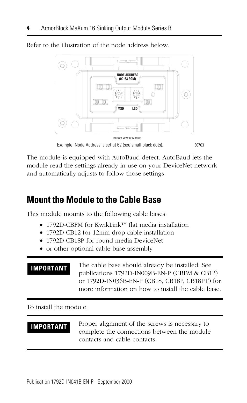 Mount the module to the cable base | Rockwell Automation 1792D-OVT16E ArmorBlock MaXum 16 Sinking Output Module, Series B User Manual | Page 4 / 16