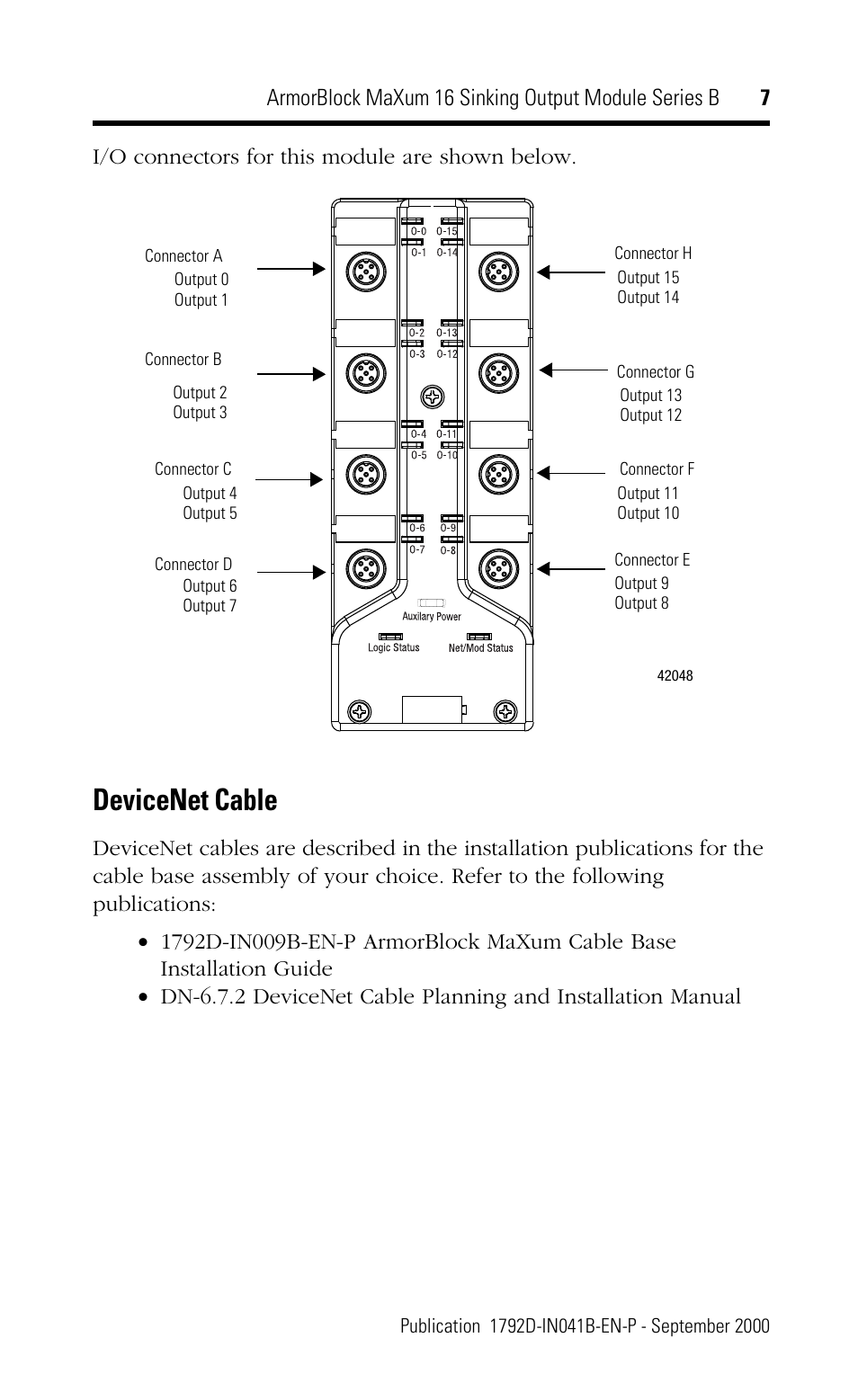 Devicenet cable, I/o connectors for this module are shown below | Rockwell Automation 1792D-OVT16E ArmorBlock MaXum 16 Sinking Output Module, Series B User Manual | Page 7 / 16