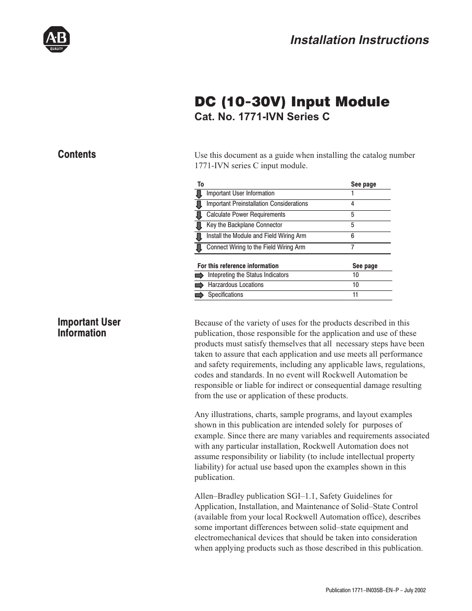Rockwell Automation 1771-IVN Installation Data dc (10-30V) Input Module User Manual | 12 pages
