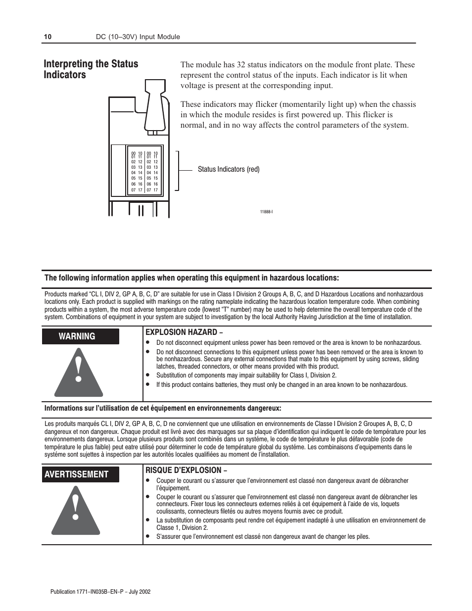 Interpreting the status indicators, Warning, Avertissement | Rockwell Automation 1771-IVN Installation Data dc (10-30V) Input Module User Manual | Page 10 / 12