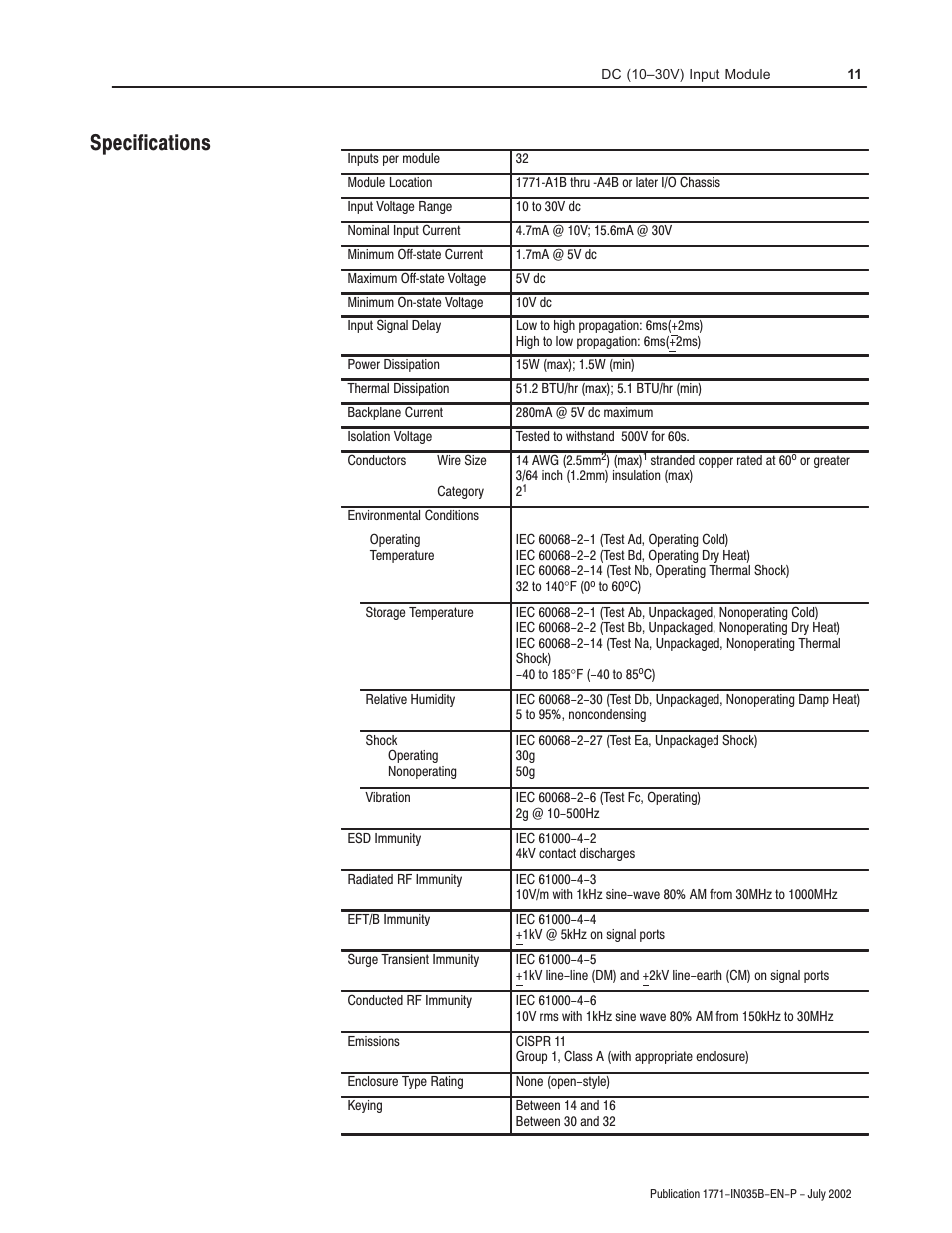 Specifications | Rockwell Automation 1771-IVN Installation Data dc (10-30V) Input Module User Manual | Page 11 / 12